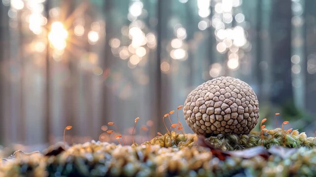 Soft sunlight filtering forest floor, illuminating earthy mushroom resting on verdant moss carpet
