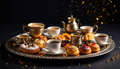 Fototapeta premium Midnight Feast: A polished silver tray with steaming espresso cups and fresh pastries, set against a matte black void, their rich textures popping under warm spotlight