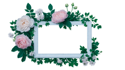 Generative AI image of fresh blooming flowers of various colors and green leaves placed around empty white photo frame against pink background