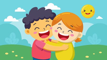 Two happy cartoon children hugging outdoors on a sunny day with clouds