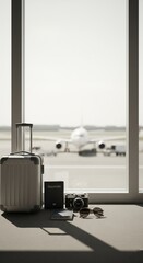 Fototapeta premium Travel flat lay with suitcase, passport, camera, and sunglasses in front of airport window 