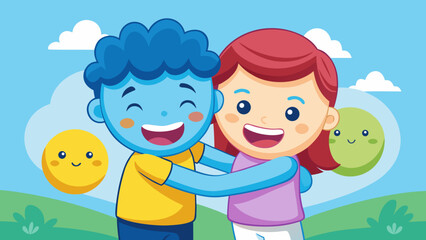Two happy cartoon children hugging outdoors with friendly yellow and green circles