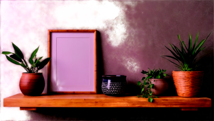 Scandinavian room interior with mock up photo frame on the brown bamboo shelf with beautiful plants in differents hipster and design pots. White walls. Modern and floral concept of shelfs. See Less