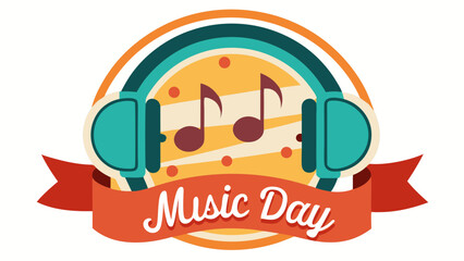 Naklejka premium Retro style headphones with musical notes and ribbon celebrating music day