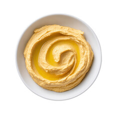 Creamy and smooth hummus swirled in a white bowl, highlighting its rich texture and appetizing golden color, perfect for appetizers or healthy snacks.