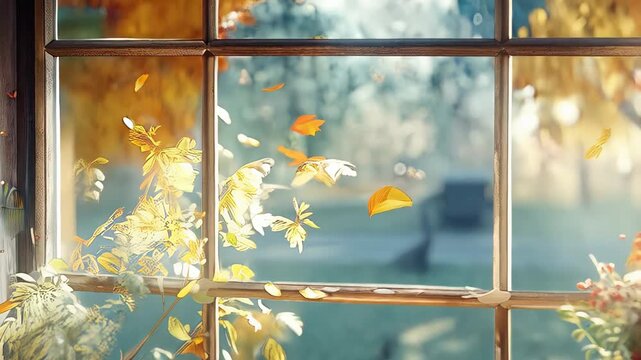 Falling golden leaves framing rustic window near vintage table, highlighting honey, bread, homemade jam, wildflowers during soft autumn morning light