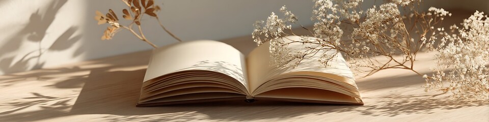 Open book mockup with beige pages and natural sunlight shadow play