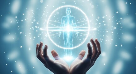 A luminous, ethereal figure surrounded by orbits and held by outstretched hands, symbolizing health and science, A human form encased in a celestial sphere representing advanced medical technology