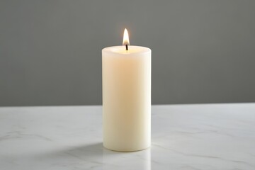 A single, burning, off-white pillar candle sits on a marble surface against a gray background.