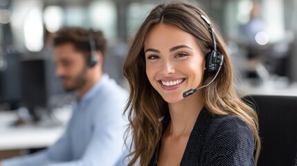 A woman wearing a headset and smiling at the camera