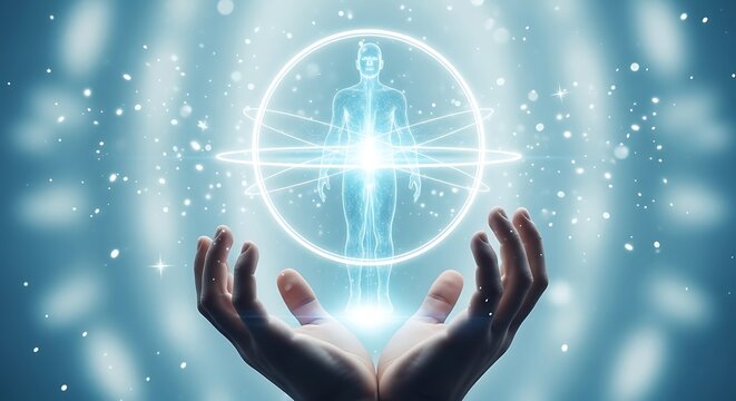 A luminous, ethereal figure surrounded by orbits and held by outstretched hands, symbolizing health and science, A human form encased in a celestial sphere representing advanced medical technology