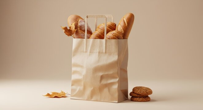 Autumnal Bakery Delivery: Fresh Bread, Croissants, and Cookies in a Brown Paper Bag - Powered by Adobe