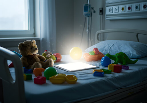 Child hospital room with toys and tablet