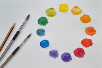 Flat lay of an artistic composition: watercolor stains arranged in a color wheel on paper, with...