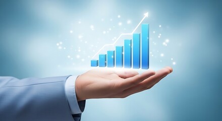 Businessman holding a rising bar graph symbolizing financial growth and success