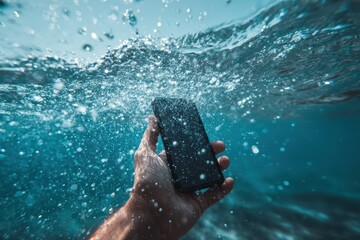 Hand holding smartphone underwater with bubbles, light and water splash, device immersion risk concept.