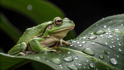 Obraz premium Macro Closeup of a Green Frog Relaxing on Leaf with Water Droplets on a Black Background.