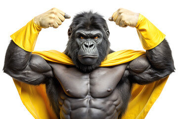 Muscular Gorilla Superhero Flexing Biceps Wearing Yellow Cape and Gloves Ai isolated on a transparent background 1