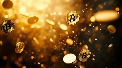 Falling bitcoin and ethereum coins amidst golden glow in a digital currency rainstorm - Powered by Adobe