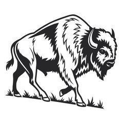 A black silhouette of a bison walking through grass