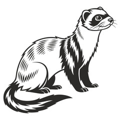 A curious ferret sitting and looking up, black and white illustration