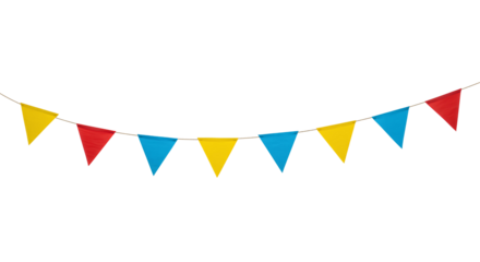 Party flag garland PNG. Colorful flag garland for birthday parties and other celebrations PNG. Colorful knitted party flags on a string PNG