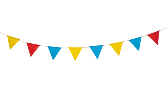 Party flag garland PNG. Colorful flag garland for birthday parties and other celebrations PNG. Colorful knitted party flags on a string PNG