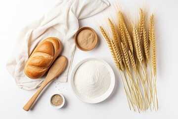 Freshly baked bread, flour, wheat ears, and whole wheat flour are arranged on a white background, creating a rustic bakery scene