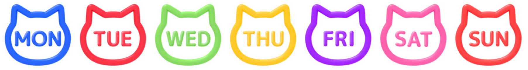 曜日ごとのカラフルなネコ型アイコンセット（英語表記）