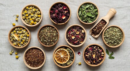 Assorted Herbal Tea Collection Displayed in Wooden Bowls with Scoop on Textured Background