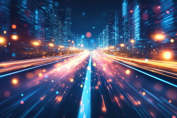 Light stripes on a city street with a view of a night metropolis.