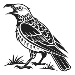 Stylized crow standing on the ground, isolated on white background