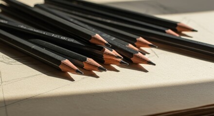 Sharp Graphite Pencils Arranged Neatly on Vintage Drawing Paper Surface, Under Natural Sunlight
