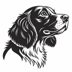 A detailed black and white portrait of a dogs head in profile