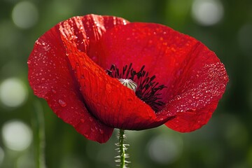 A vibrant red poppy flower, glistening with morning dew, stands elegantly against a blurred green background.