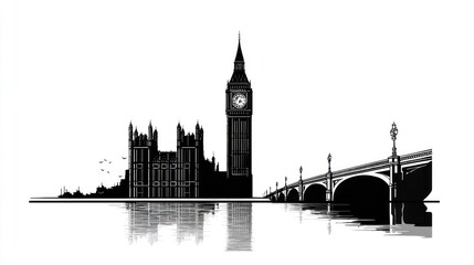 Big Ben and Westminster in Silhouette: A striking silhouette of Big Ben and the Houses of Parliament reflected in water, capturing the iconic architectural elegance and historical depth of London. 