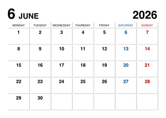 2026年6月のカレンダー月曜始まり