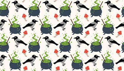 Fun seamless Halloween pattern with bubbling cauldrons, dark ravens, and red fly agarics.