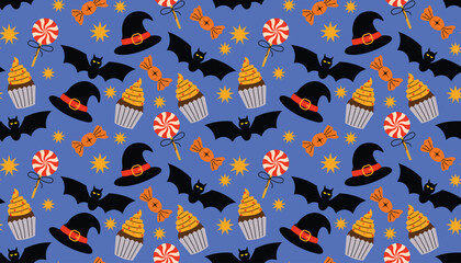 Cute Halloween seamless pattern with twisted lollipop, candies, cakes, witch hats, bats and tiny stars on dark blue background.