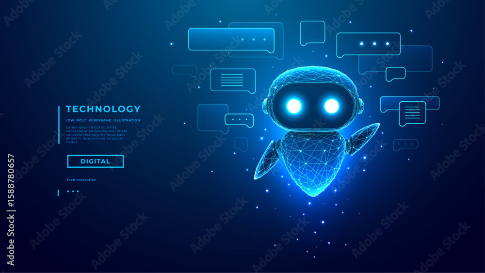 Poster hologram of ai robot or chatbot with speech bubbles on technology blue background. ai chat bot masco