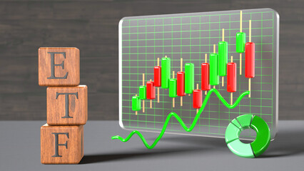 ETFとマーケットチャートを組み合わせた木製ブロックと資産運用を象徴するビジュアル