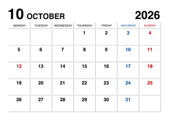 2026年10月のカレンダー月曜始まり