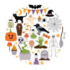 Cute Happy Halloween card with cartoon elements arranged in a circle.