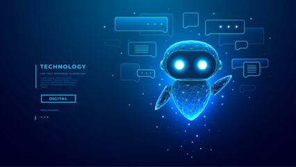 Hologram of AI Robot or Chatbot with Speech Bubbles on Technology Blue Background. AI Chat Bot Mascot. Low Poly Wireframe Tech Bg. Support Assistant Virtual Character. Digital Vector Illustration.