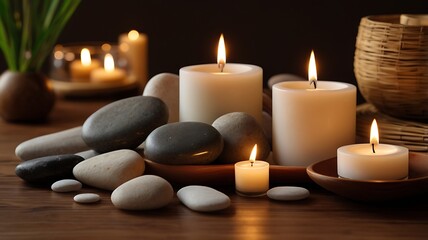  Luxury spa scene with smooth river stones, bamboo, candles, and essential oil bottles on wooden surface with soft lighting