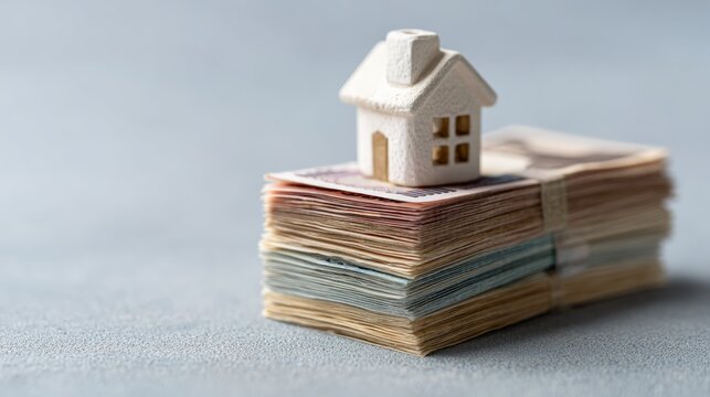 Miniature white house model placed on a stack of japanese yen banknotes representing real estate investment, mortgage, property purchase, and housing expenses - Powered by Adobe