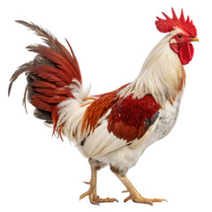 Fototapeta premium Photo of a proud rooster with colorful feathers stands on a transparent background