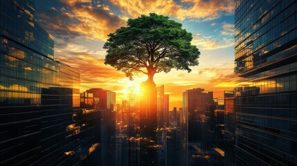 Sunset cityscape with a giant tree rising from the middle of the buildings, symbolizing nature's resilience and the balance between urban development and environmental protection.