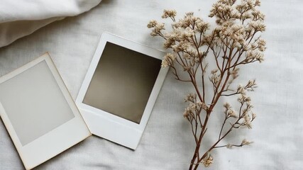 Vintage polaroid snapshots nestled among pale dried petals, resting softly on crisp white linen, evoking gentle memories of bygone moments