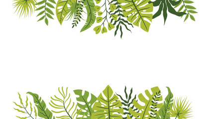 Flat cartoon border of palm leaves and exotic foliage decorates a horizontal poster.